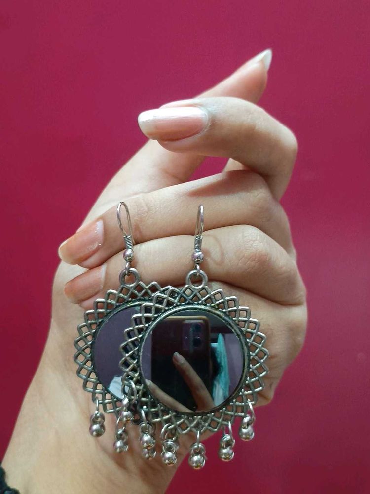 Oxidized Mirror Work Dangle Earrings
