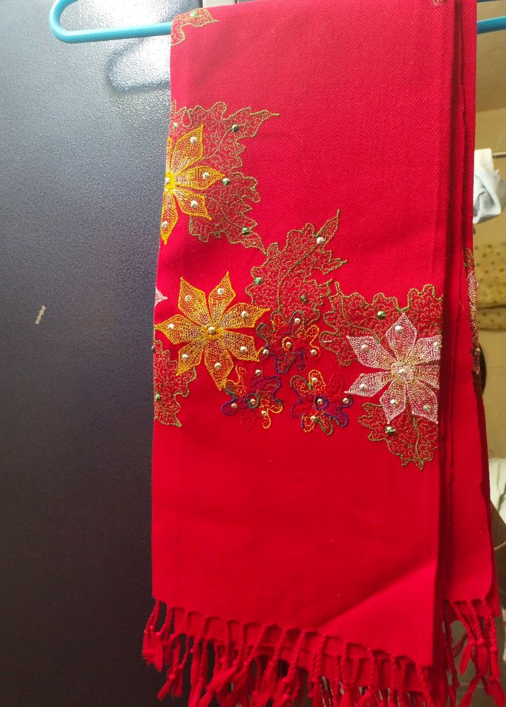 Pure Chilli Red Colour Shawl,With Colourful Embroidery Not Used Especially Made In Manipur..Must Grab It