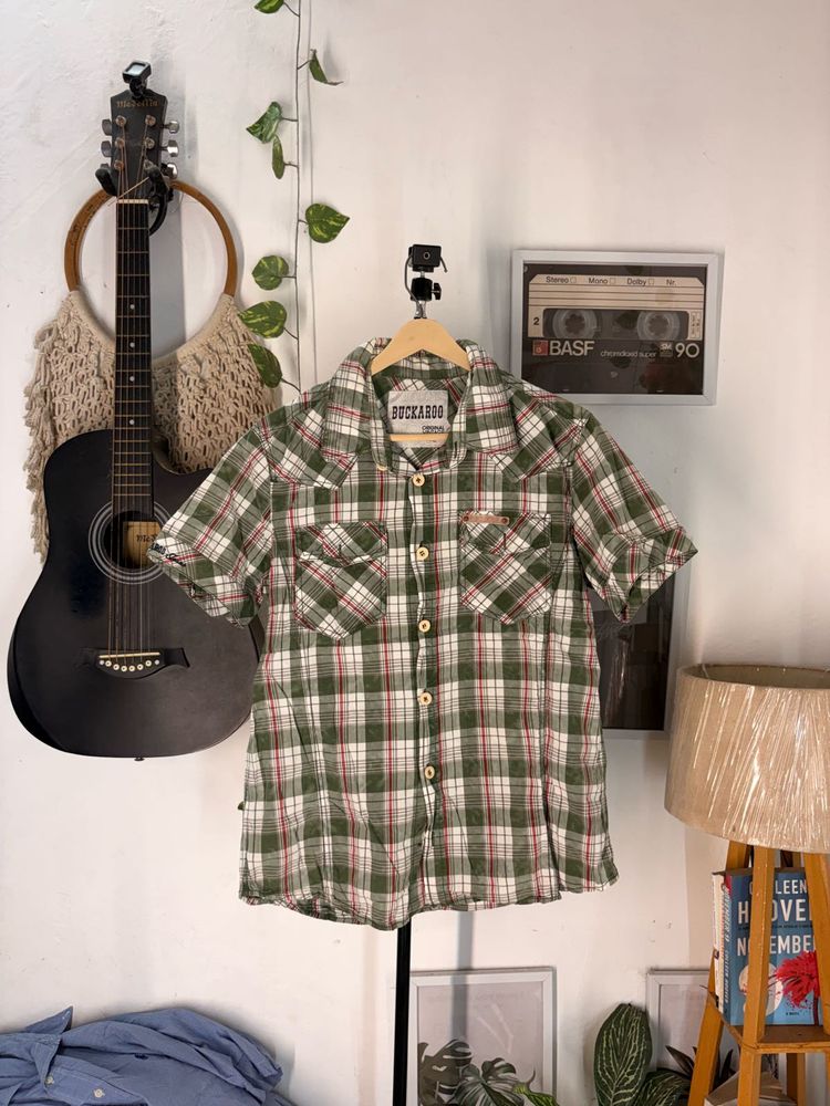 buckaroo Men's Green Plaid Short Sleeve Shirt