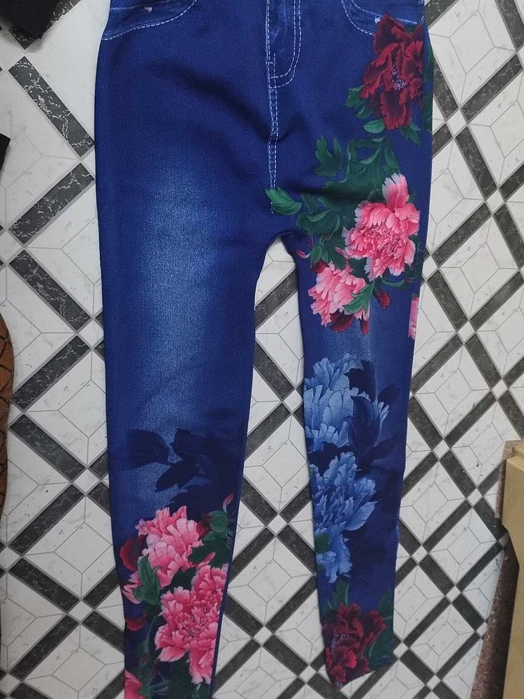 Floral Print Denim Style Leggings