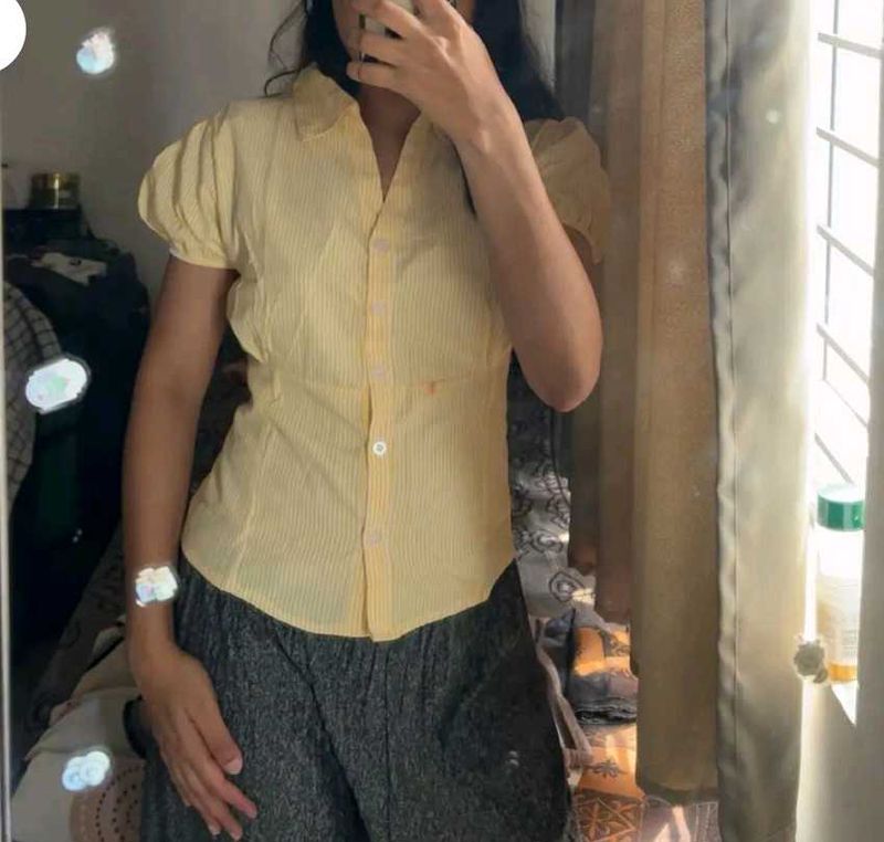 Yellow Striped Puff Sleeve Shirt