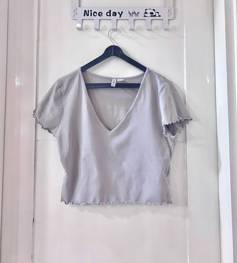 Grey Cropped V-Neck Top