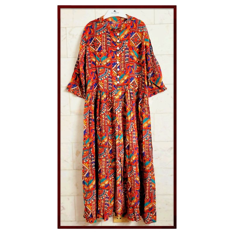 Long Slit Red Printed Tunic Top