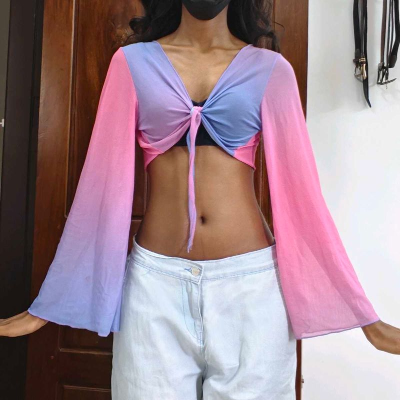 Ombre Bell Sleeve Tie Front Crop Top