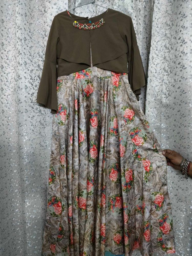 Floral Printed Gown With Brown Jacket