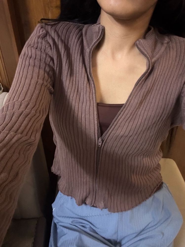 Brown Ribbed Zip-Up Cardigan