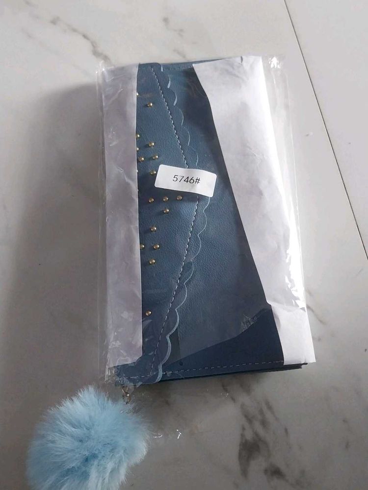Cute Blue Wallet with Pom Po
