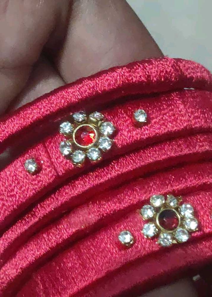 Elegant Red Silk Bangles with Stone Embellishments