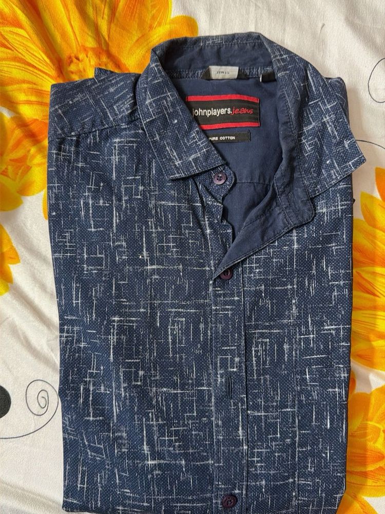 John Players Men's Blue Printed Shirt