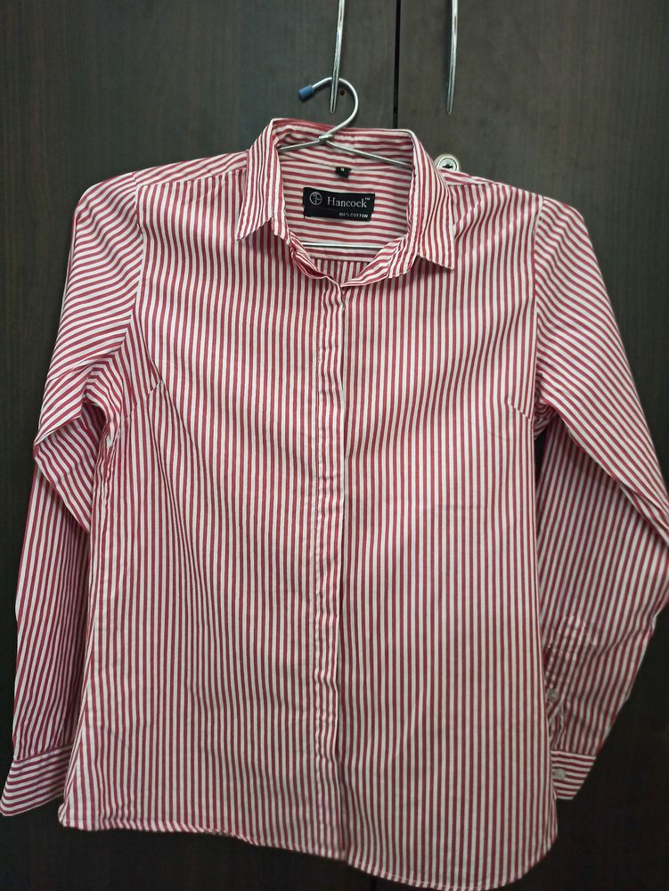 Hancock Woman White&amp; Coral Red Striped FormalShirt