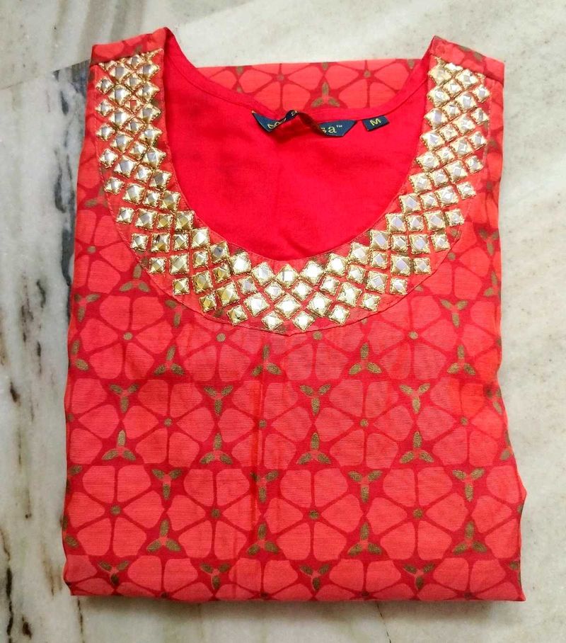 2 Layered Red Kurta with Mirror Work