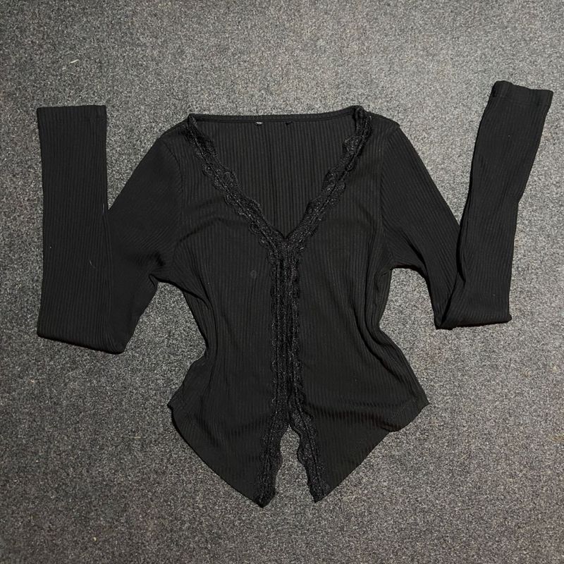 Black Ribbed Lace Trim Cardigan