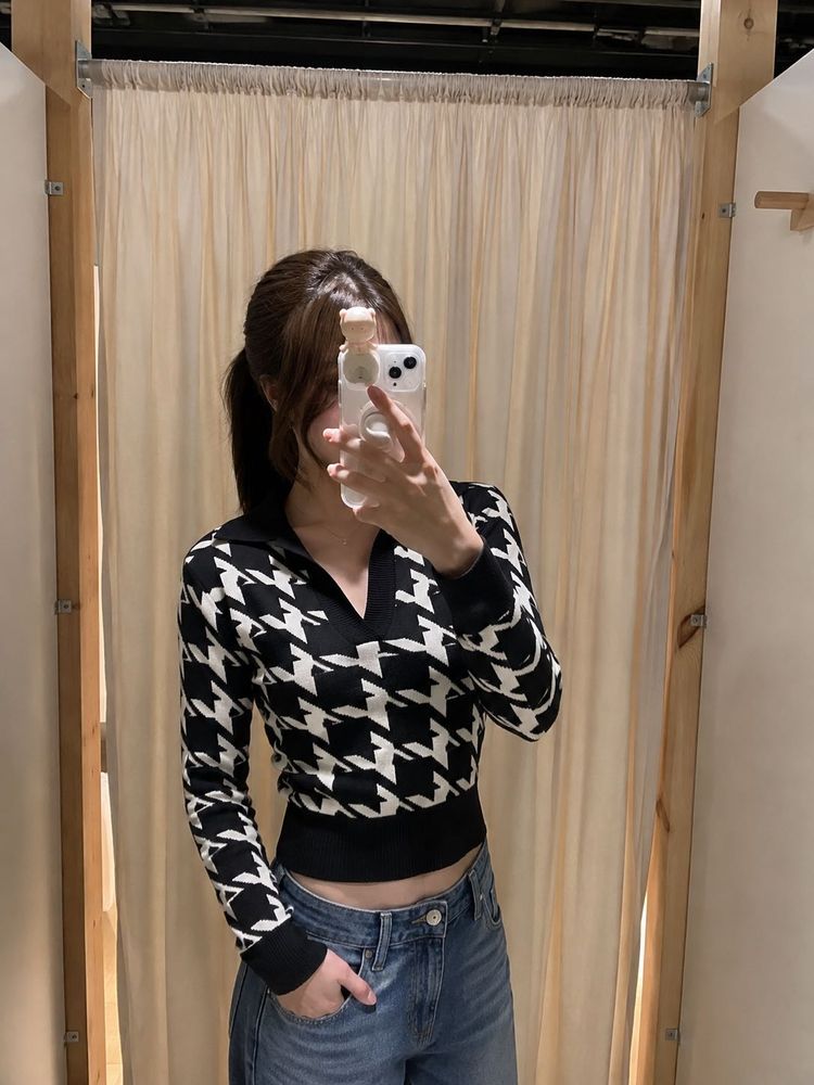 Houndstooth Knit Polo Crop Top