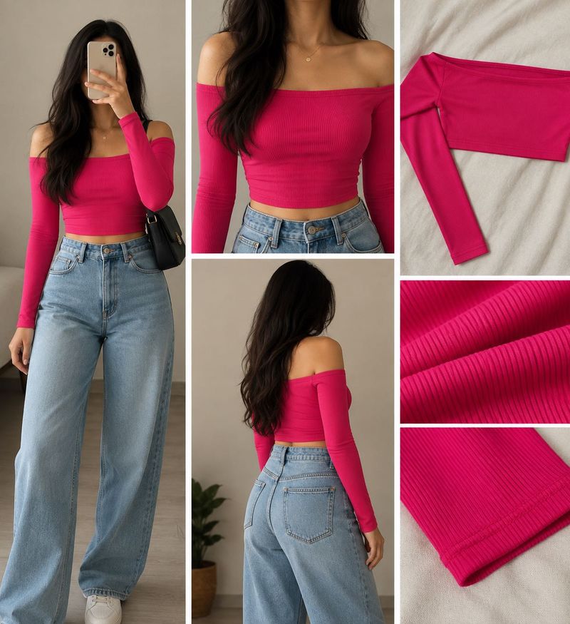 Savana Hot Pink Ribbed Off-Shoulder Top