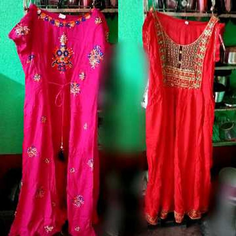 Embroidered Kurta Sets - Pink &amp; Red