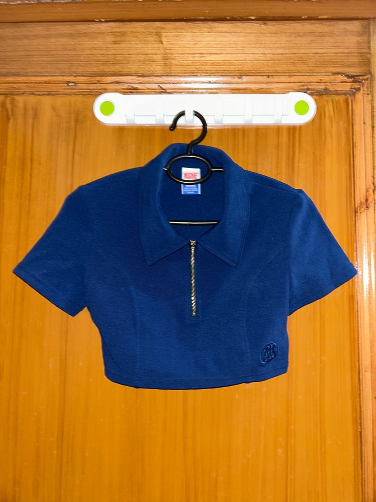 Retro Blue Polo Crop Top