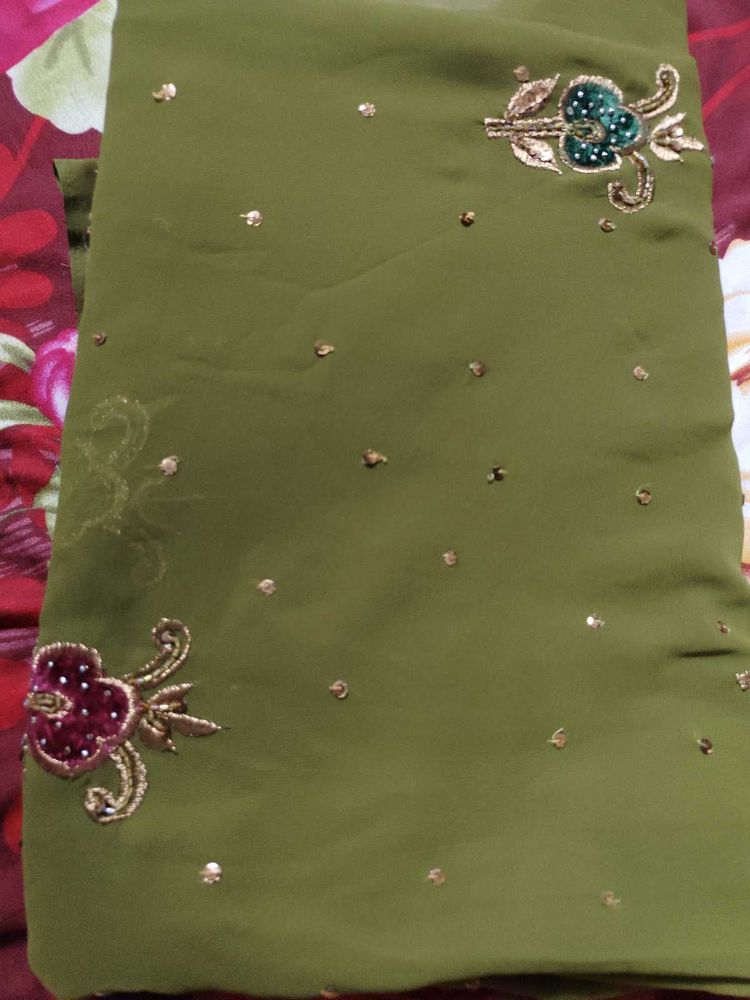Olive Green Embroidered Saree