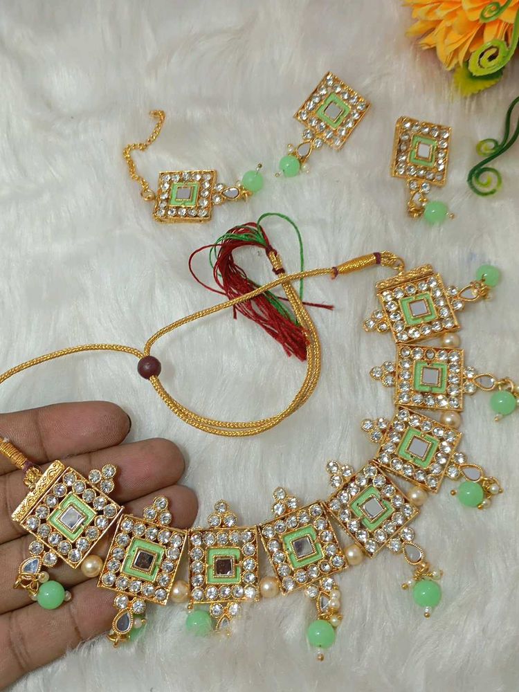 mirror plus minakari Giri mint color necklace desi