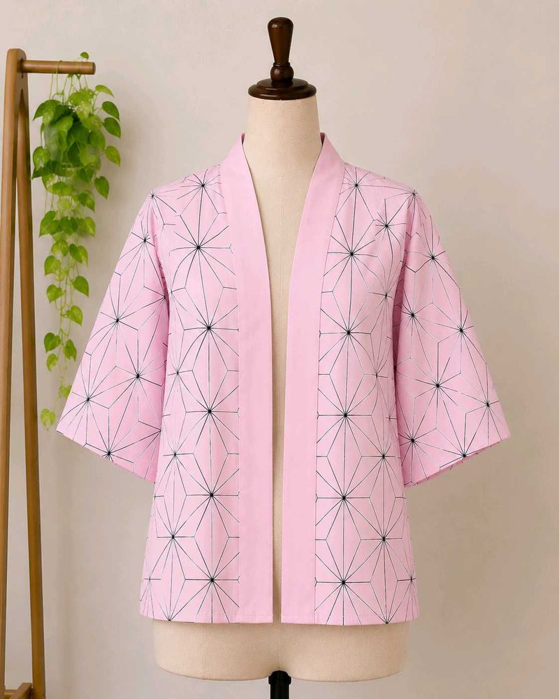Pink Geometric Print Kimono Style Shrug