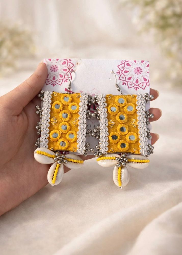 Handmade Bohemian Yellow Mirror Work Earrings Comb