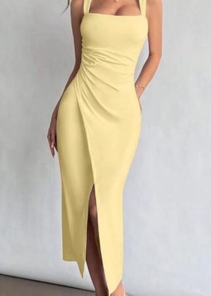 Elegant Yellow Ruched Midi Dress