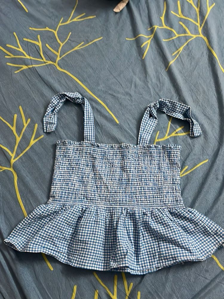 Blue Gingham Smocked Peplum Top