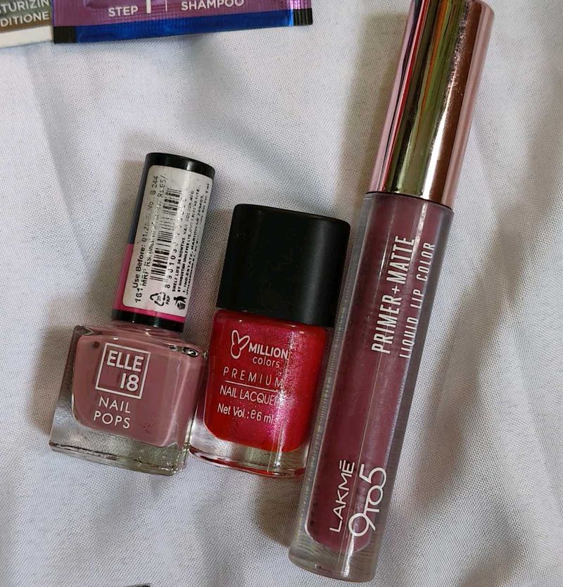 2 Nail Polish &amp; 1 lakme Liquid Lipstick Bundle