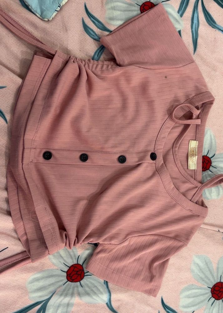Cute Pink Ribbed Button-Up Crop Top