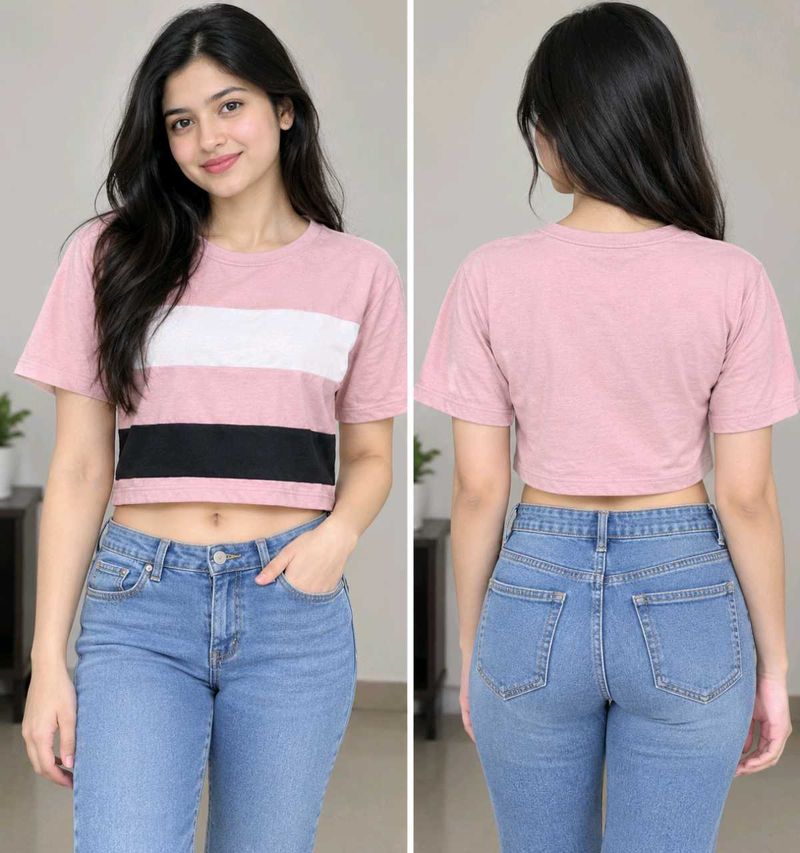 Pink Striped Cropped T-Shirt