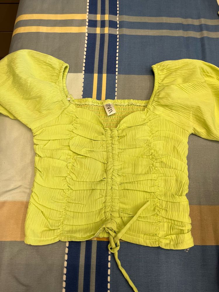 Lime Green Ruched Puff Sleeve Top