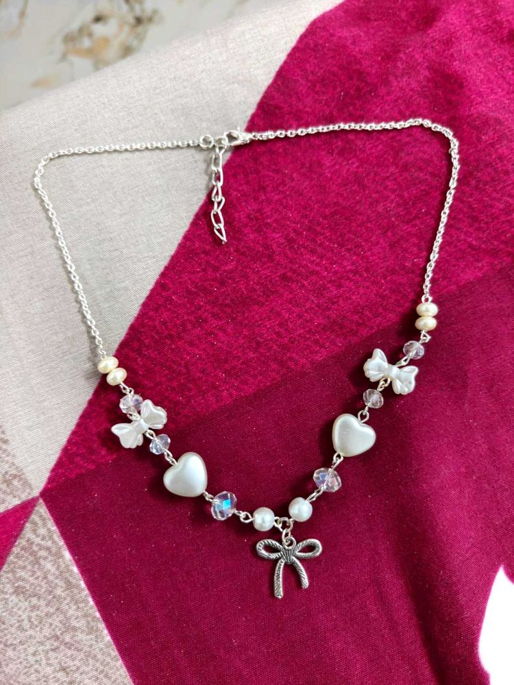 Cute Bow &amp; Heart Beaded Necklace Set
