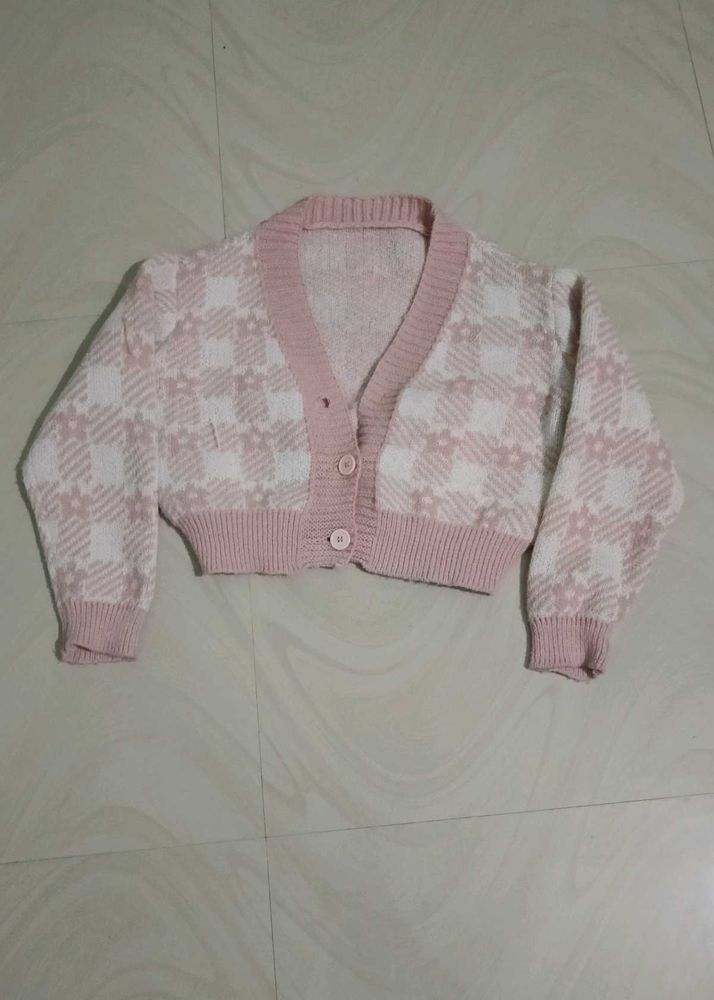 Chic Pink &amp; White Cropped Cardigan
