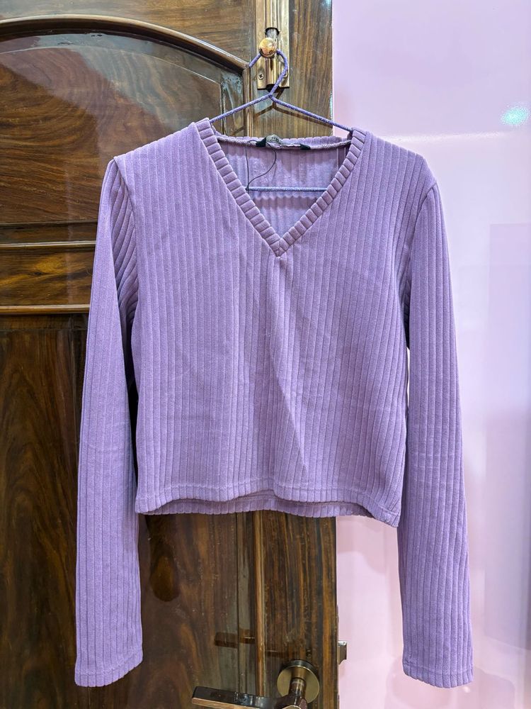Purple Ribbed V-Neck Long Sleeve Top