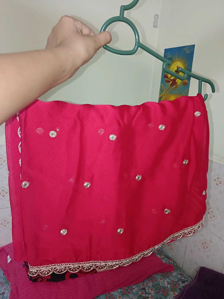 Red Silk Saree with Sequins &amp; Lace Border