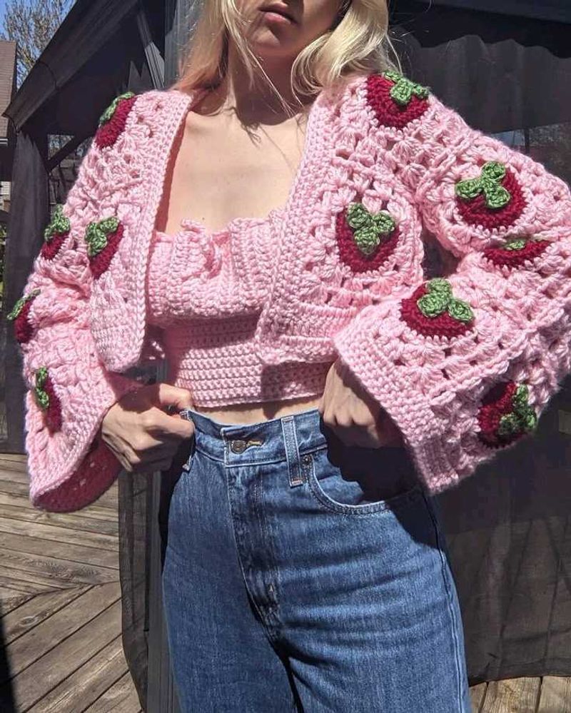 Crochet Strawberry Cardigan &amp; Crop Top Set
