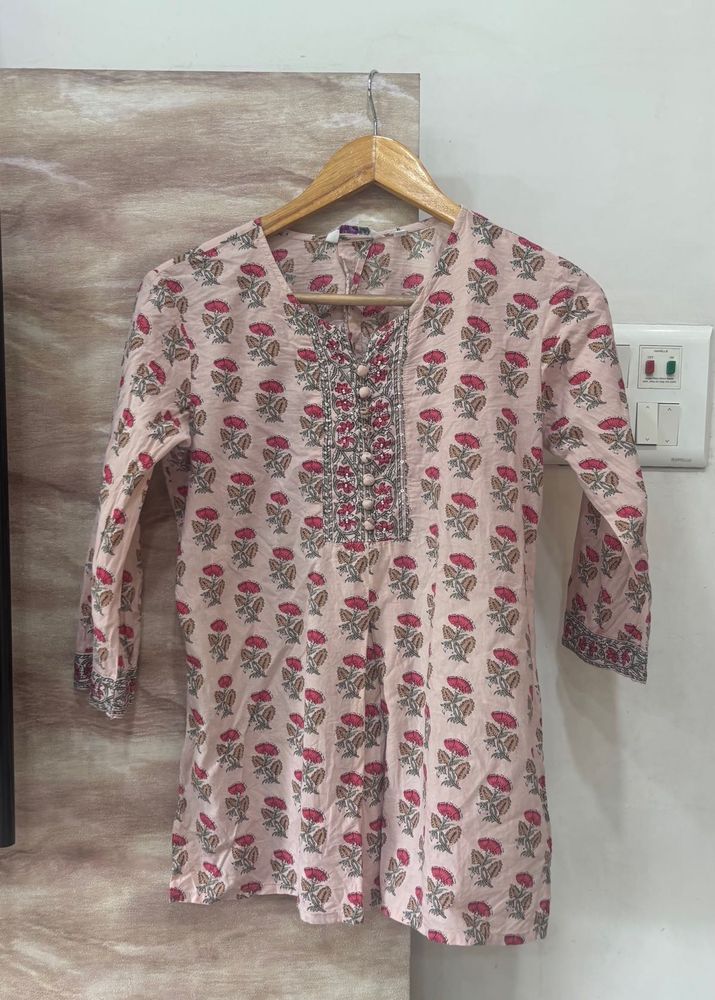Beige Floral Print short Kurta