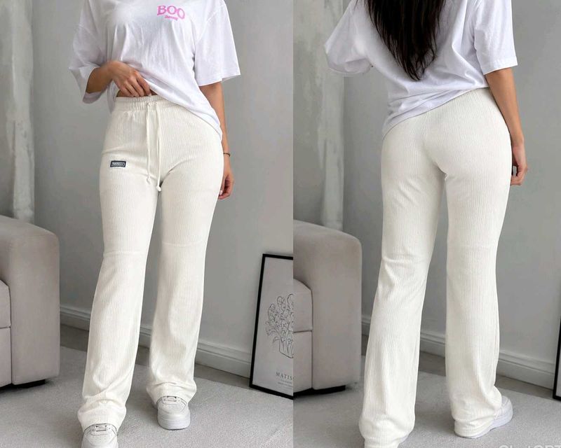 Cream Corduroy Flare Pants For Women