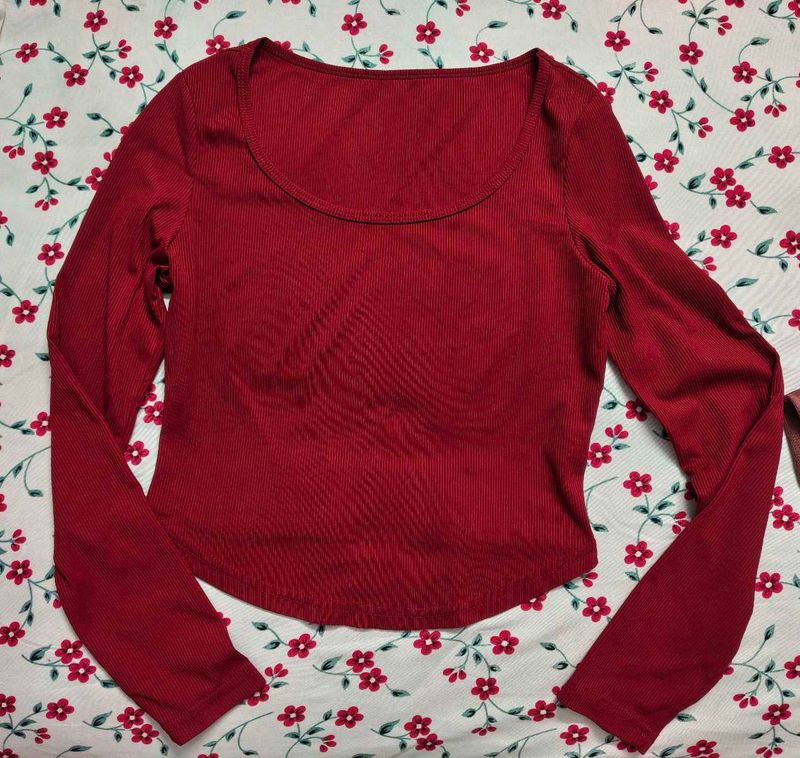 Ribbed Red Long Sleeve Crop Top