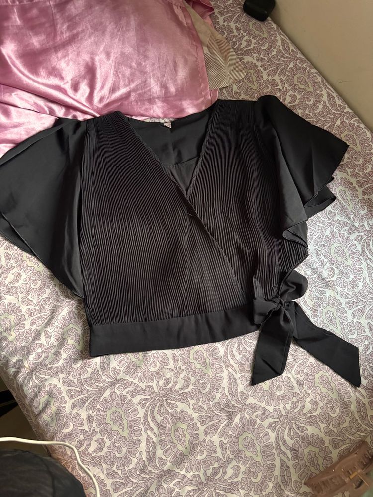 Elegant Black Pleated Wrap Top