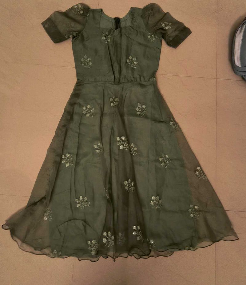 Elegant Olive green Organza Puff Sleeve Dress