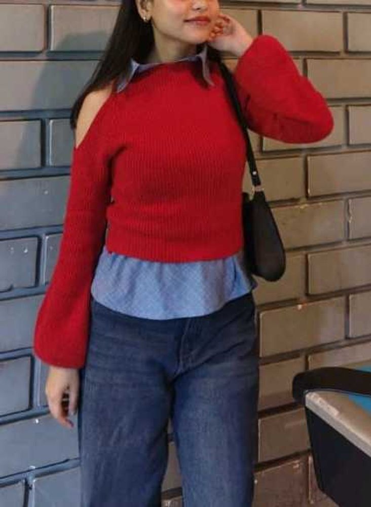 Red Cold Shoulder Sweater Top