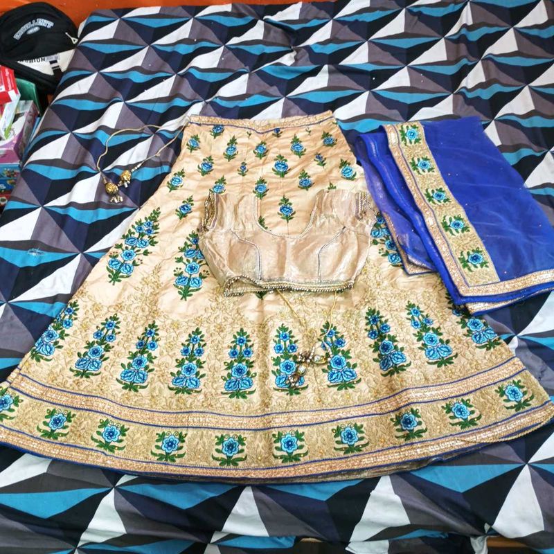Beige Lehenga Choli with Blue Floral Embroidery