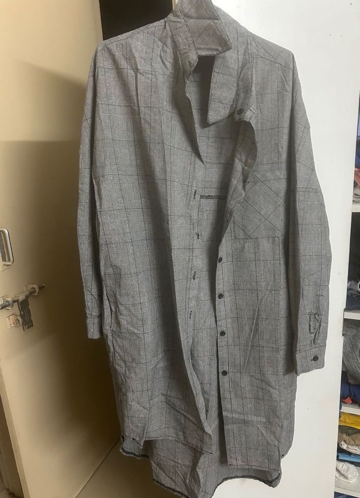 Oversized Grey Plaid Longline Shirt