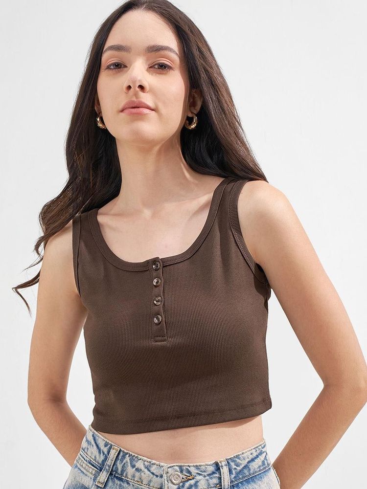 Ribbed Cropped Button-Up Tank Top