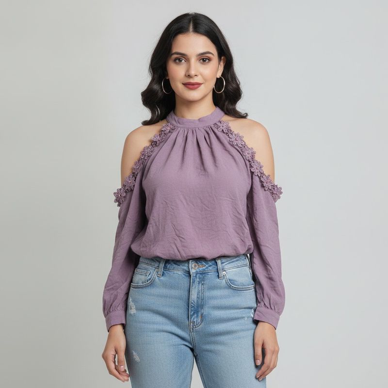 Purple Cold 34,36👗 Shoulder Lace Trim Top