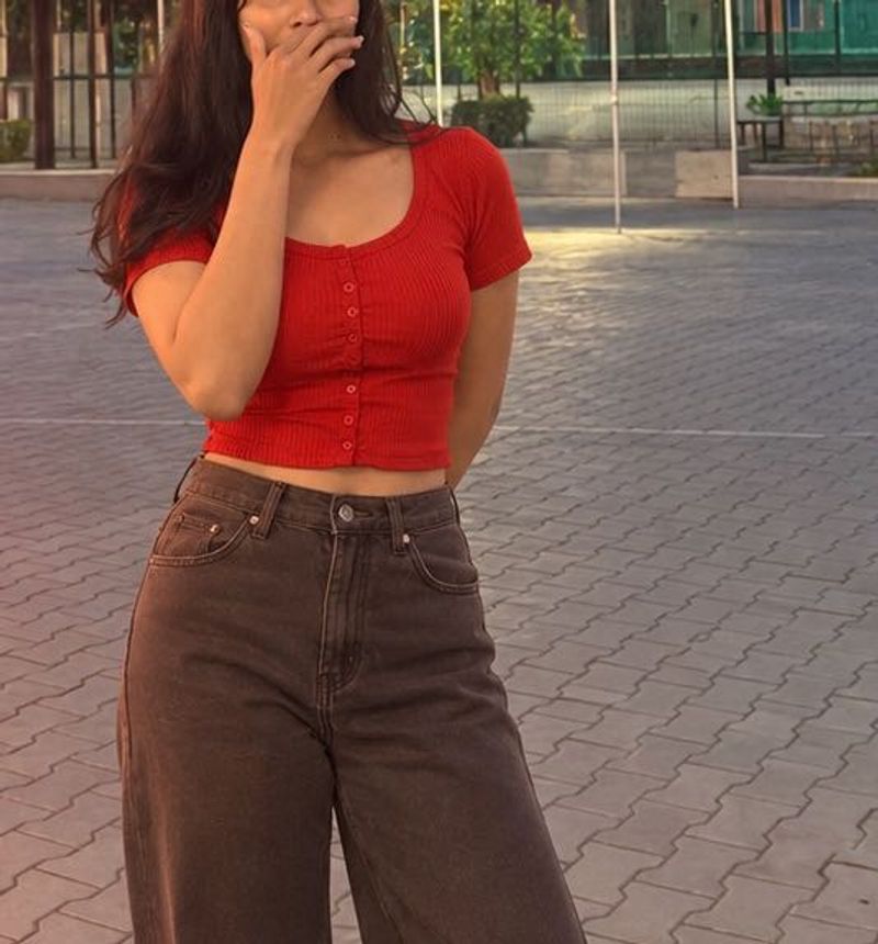 Red Ribbed Cropped Button-Up Top