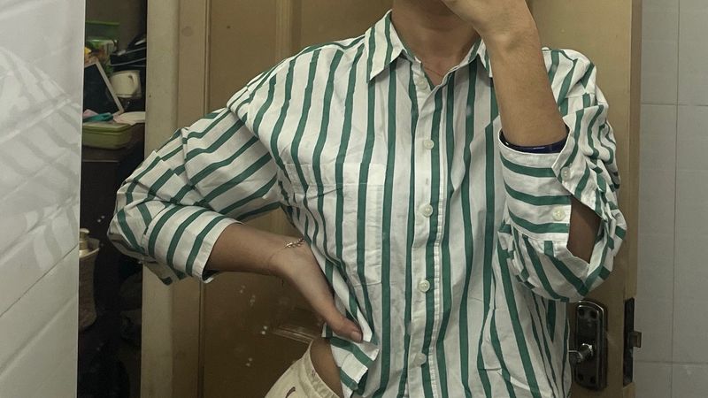 Green Striped Button-Up Shirt