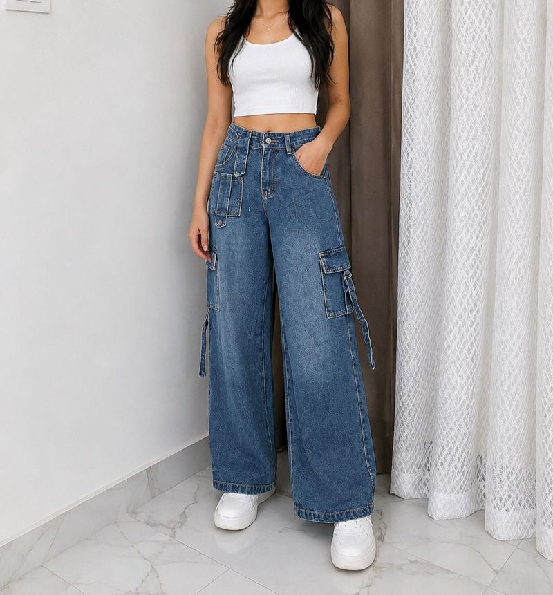 Womens Wide Leg Cargo Jeans