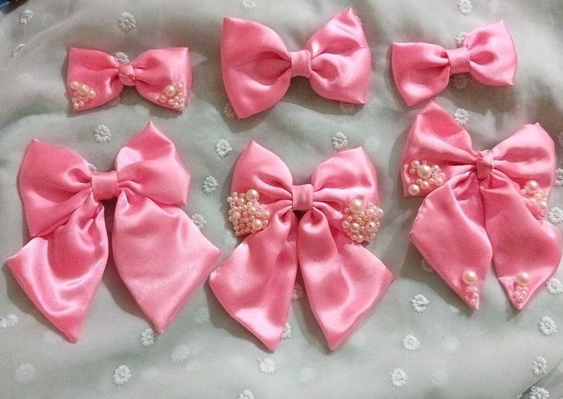 Set of 6 Pink Satin Handmade Bows with Pearls