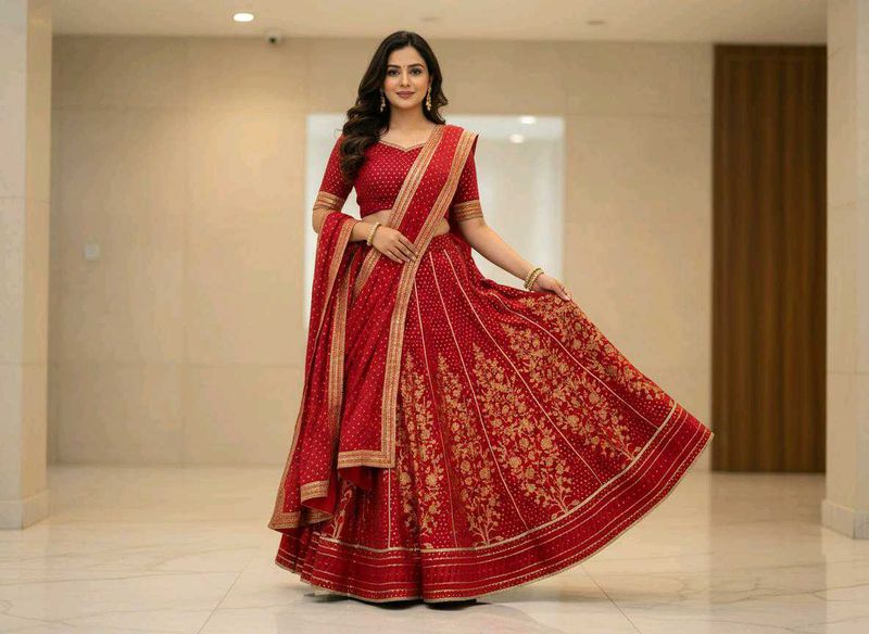 🆕W Red &amp; Gold Print Ethnic Skirt/ Lehenga